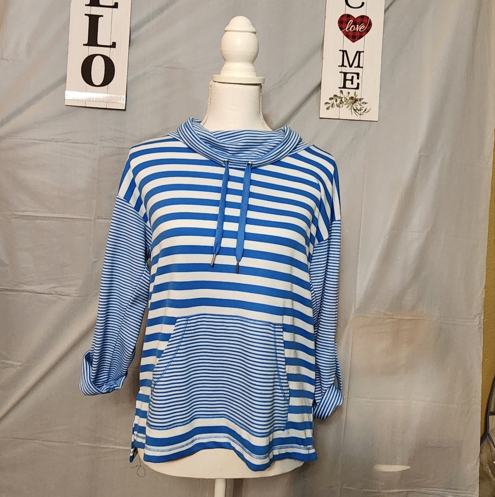 Ruby Rd Petite Medium ladies pullover sweat shirt striped w front pocket
